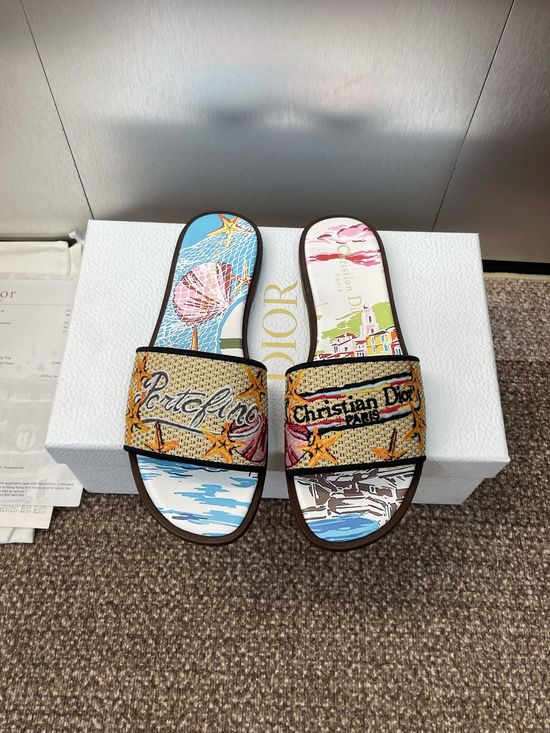 Christian Dior Embroidered Flat Slip-On Sandals with Round Toe