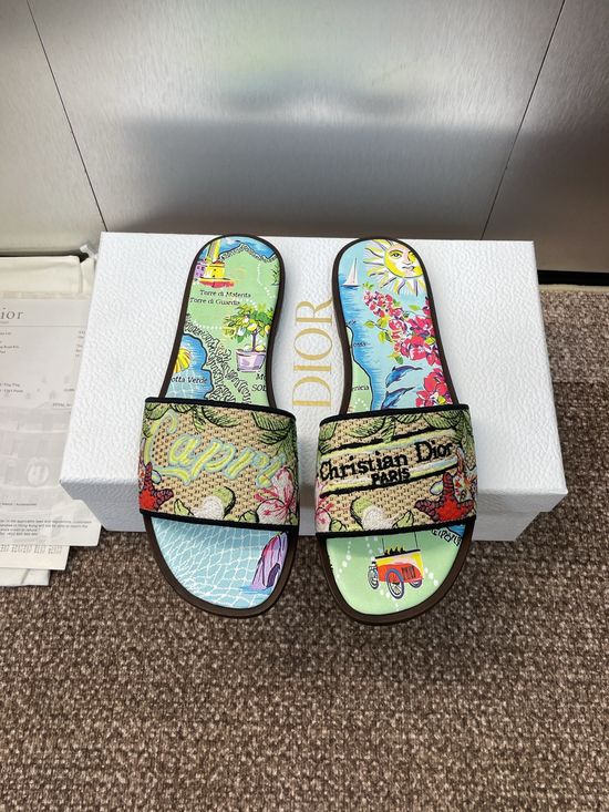 Christian Dior Embroidered Flat Slip-On Sandals with Round Toe
