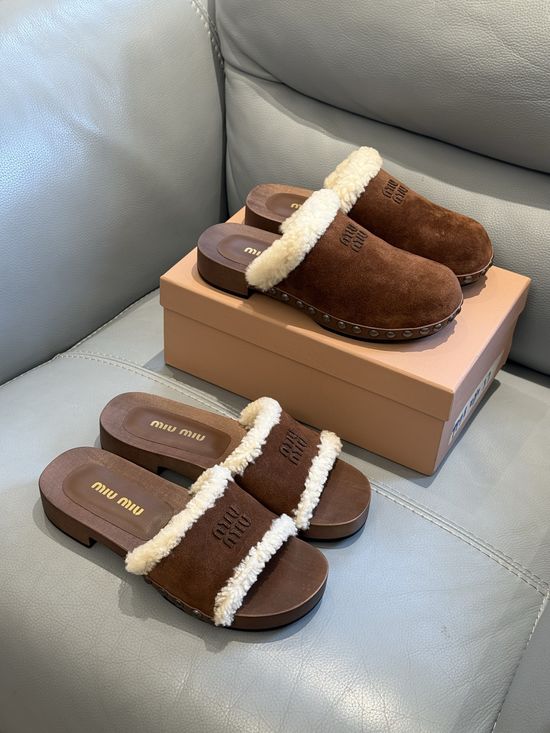 Miu Miu Soft Wool Lined Wooden Sole Clog Slippers