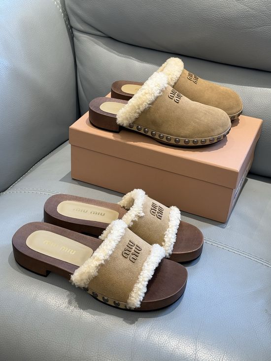 Miu Miu Soft Wool Lined Wooden Sole Clog Slippers