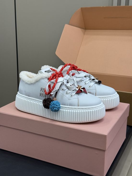 Miu Miu Cute Charm-adorned Leather Shoes with Wool Lining