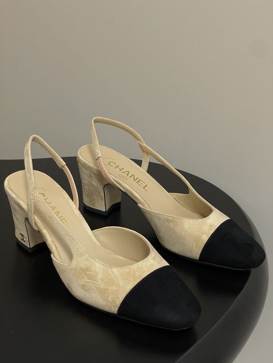Chanel Classic Suede Slingback Sandals Square Toe Leather Lined