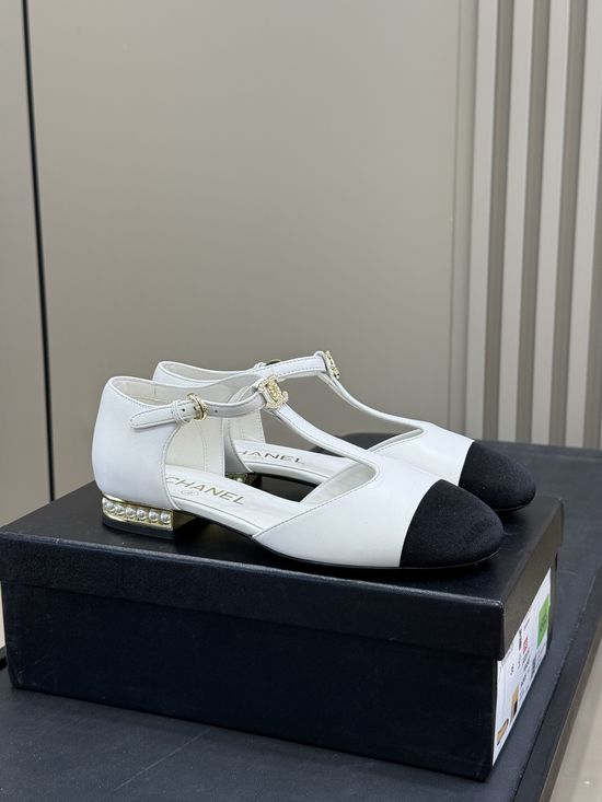 Chanel Mary Jane Shoes With Pearl Accent And Velvet Toe