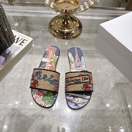 Christian Dior Embroidered Raffia Flat Slides with Double Leather Sole