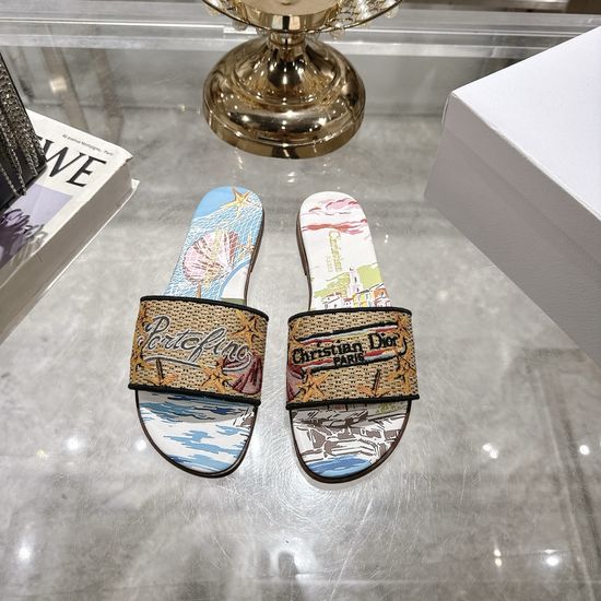 Christian Dior Embroidered Raffia Flat Slides with Double Leather Sole