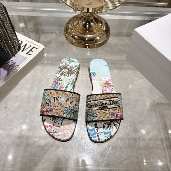 Christian Dior Embroidered Raffia Flat Slides with Double Leather Sole