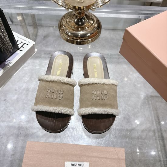 Miu Miu Wool Lined Open Toe Clogs with Wooden Sole