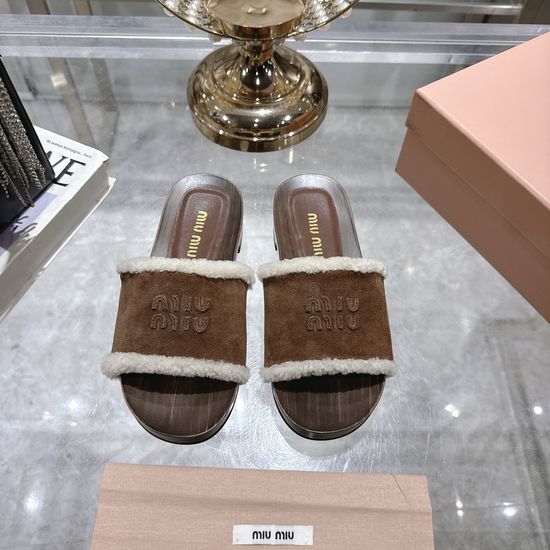 Miu Miu Wool Lined Open Toe Clogs with Wooden Sole