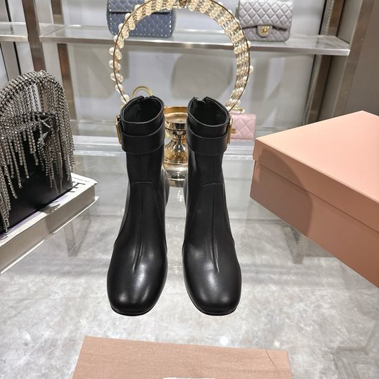 Miu Miu Leather Ankle Boots with Metal Accent and Chunky Heel