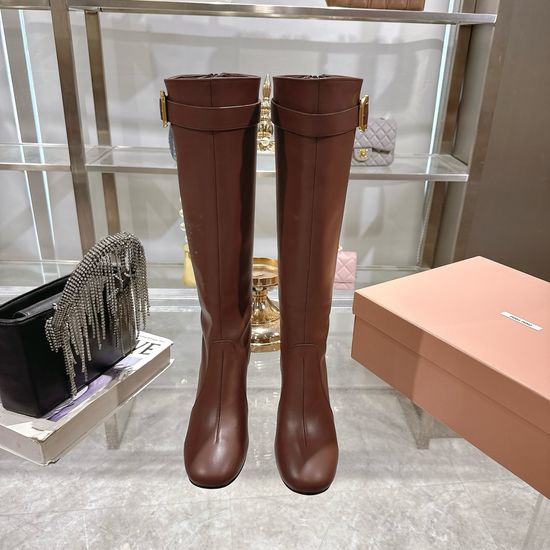 Miu Miu Genuine Leather Block Heel Ankle Boots With Metal Buckle