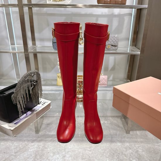 Miu Miu Genuine Leather Block Heel Ankle Boots With Metal Buckle