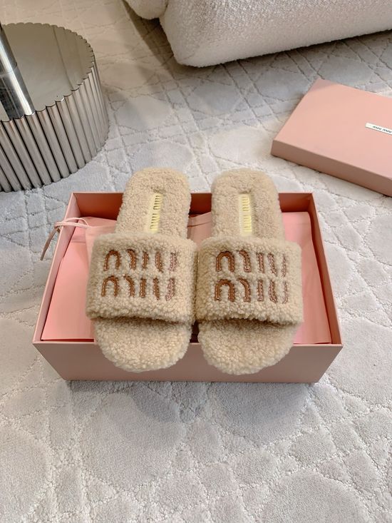 Miu Miu Cozy Wool Lined Slippers Soft Anti-slip Sole Comfortable Daily Wear