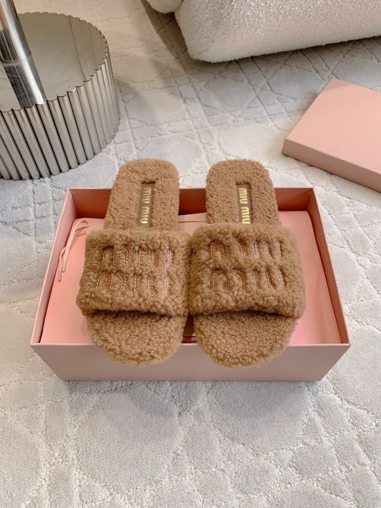 Miu Miu Cozy Wool Lined Slippers Soft Anti-slip Sole Comfortable Daily Wear
