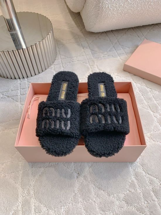 Miu Miu Cozy Wool Lined Slippers Soft Anti-slip Sole Comfortable Daily Wear