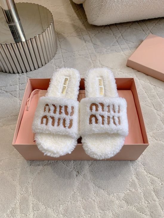 Miu Miu Cozy Wool Lined Slippers Soft Anti-slip Sole Comfortable Daily Wear
