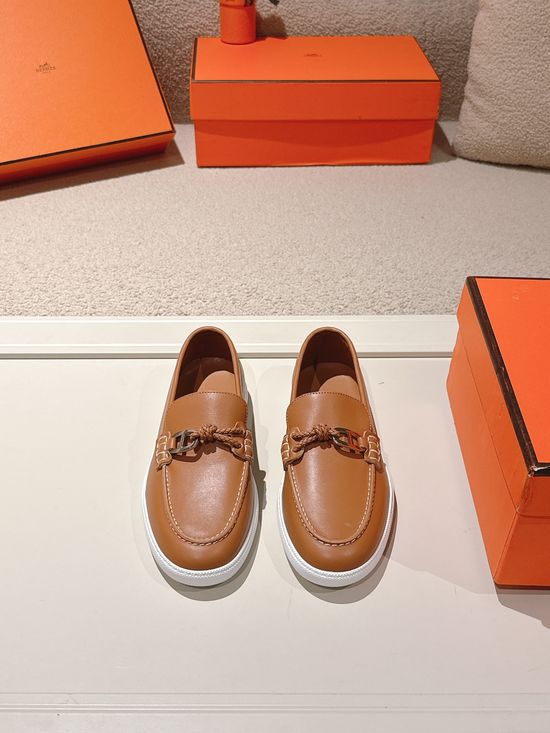 Hermes Genuine Leather Weave Decor Loafer Shoes