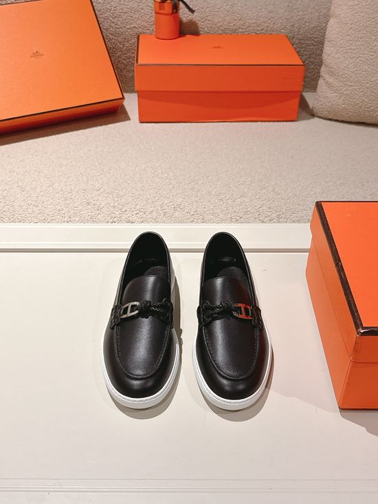 Hermes Genuine Leather Weave Decor Loafer Shoes