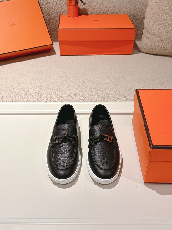 Hermes Genuine Leather Weave Decor Loafer Shoes