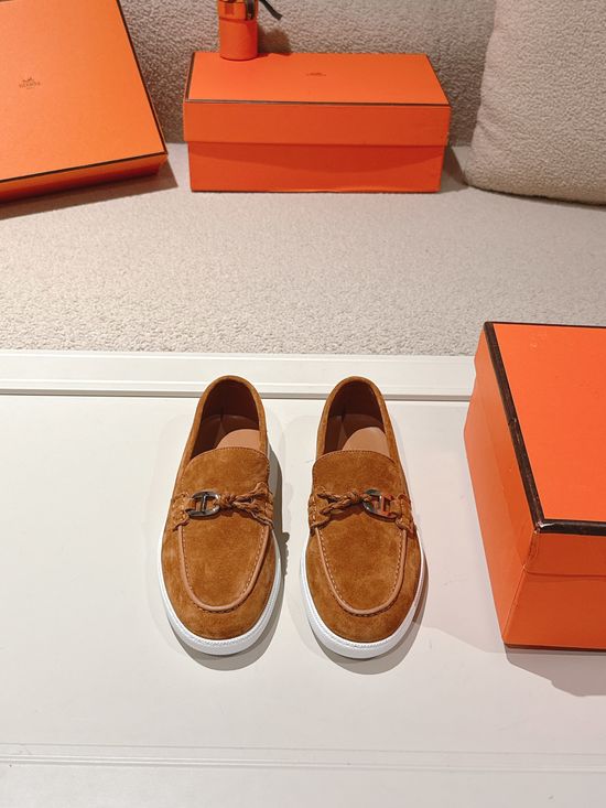 Hermes Genuine Leather Weave Decor Loafer Shoes