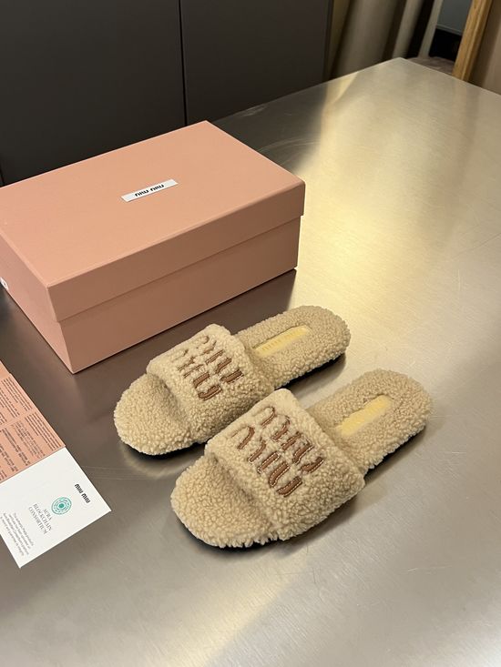 Miu Miu Embroidered Wool Slippers Genuine Leather Logo Anti Slip Sole
