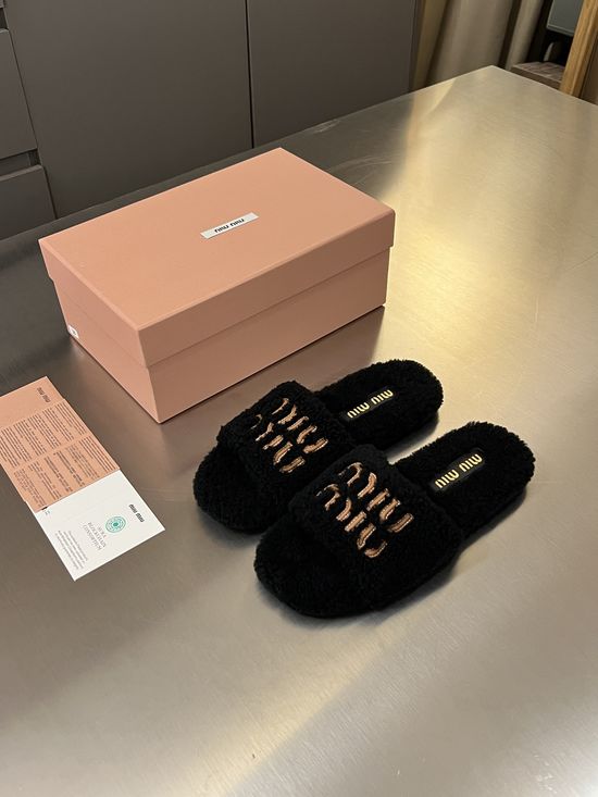 Miu Miu Embroidered Wool Slippers Genuine Leather Logo Anti Slip Sole