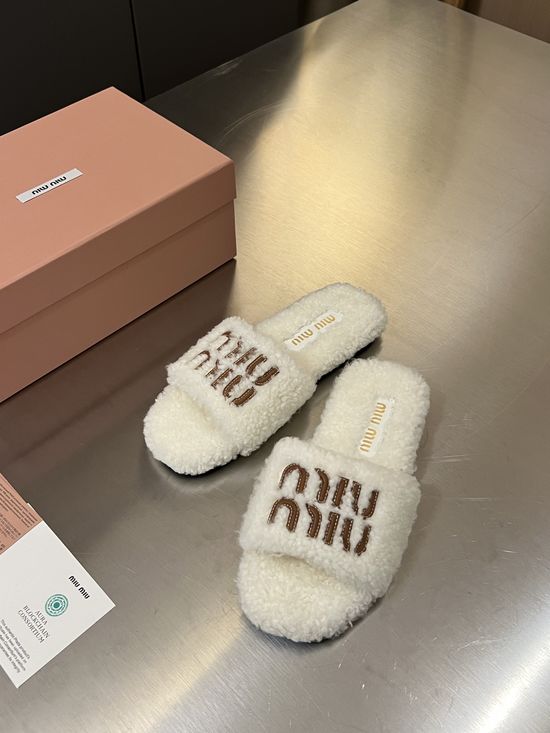 Miu Miu Embroidered Wool Slippers Genuine Leather Logo Anti Slip Sole