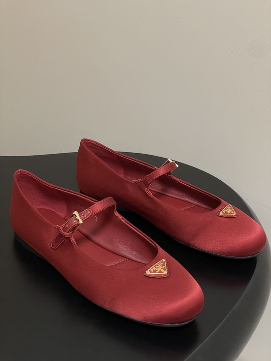 Prada Satin Mary Jane Flats with Enamel Logo Accents