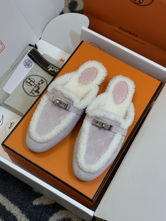 Hermes Classic Mule Slippers Cowhide Upper Shearling Lining