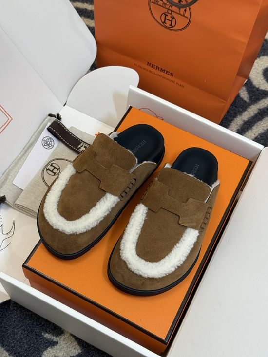 Hermes Suede Leather Mules With Classic Upper Details