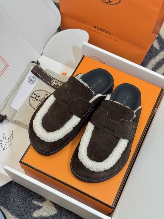 Hermes Suede Leather Mules With Classic Upper Details