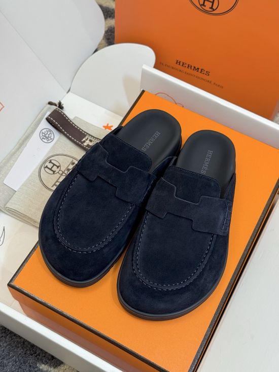 Hermes Suede Leather Mules With Classic Upper Details