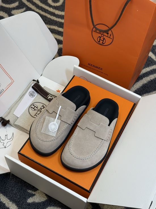 Hermes Suede Leather Mules With Classic Upper Details