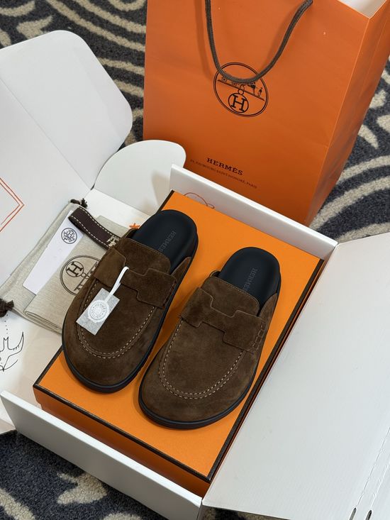 Hermes Suede Leather Mules With Classic Upper Details
