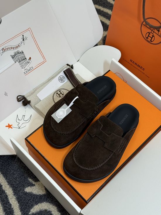 Hermes Suede Leather Mules With Classic Upper Details