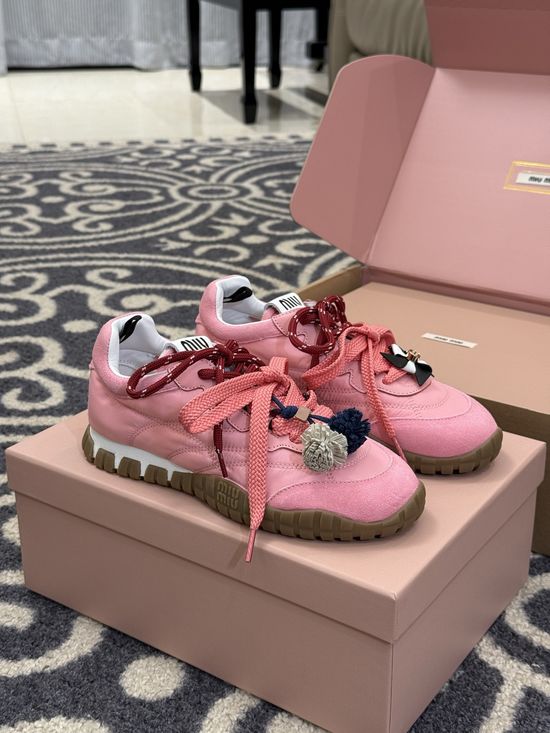 Miu Miu Pink Chunky Sneakers Suede Fabric Mixed Upper