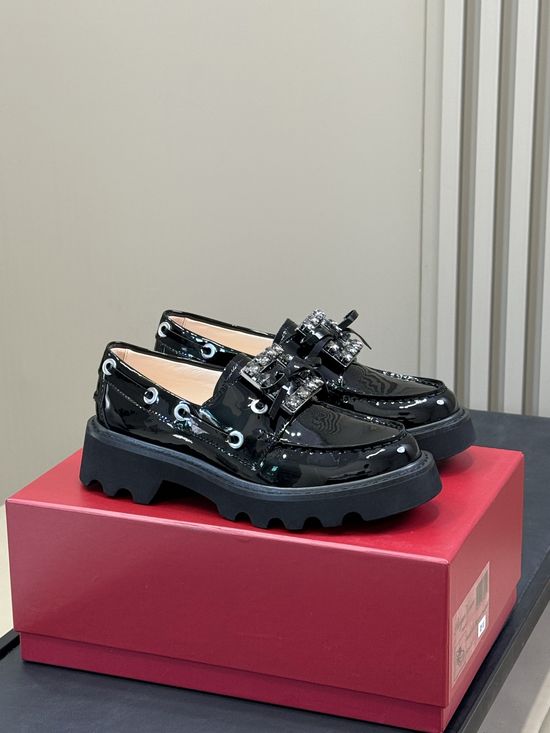 Roger Viver Calfskin Loafers with Decorative Buckle Non-slip Thick Sole