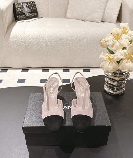 Chanel Slingback Block Heel Sandals Cashmere Upper Leather Sole