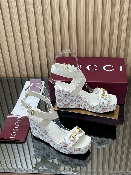 Gucci Floral Print Square Toe Platform Wedge Sandals