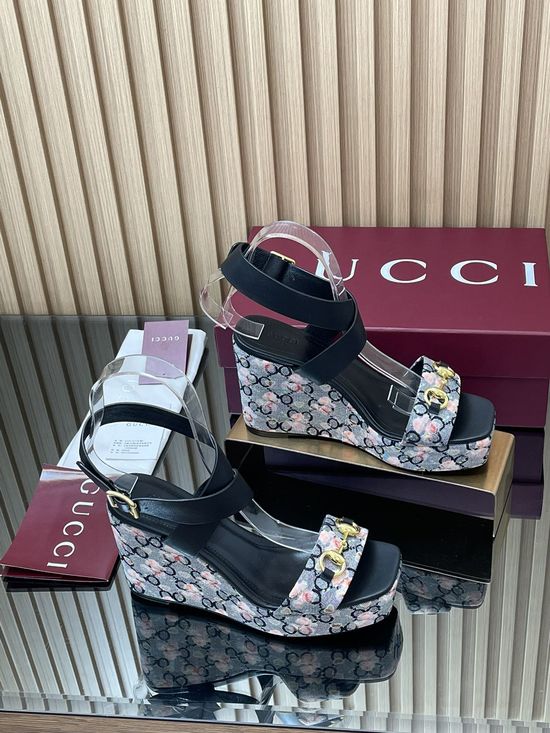 Gucci Floral Print Square Toe Platform Wedge Sandals
