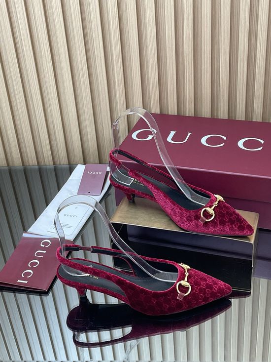 Gucci Velvet Slingback Stiletto Pumps with Decorative Metal Buckle