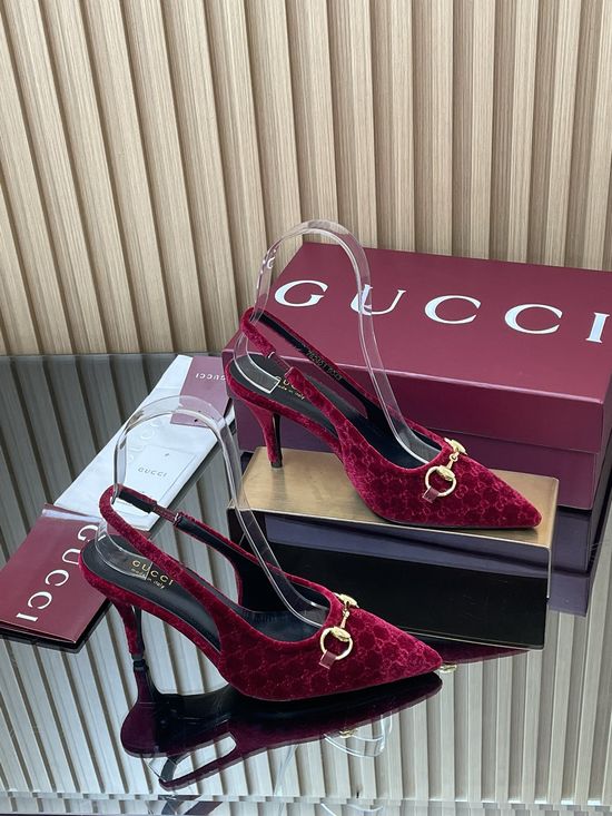 Gucci Velvet Slingback Stiletto Pumps with Decorative Metal Buckle