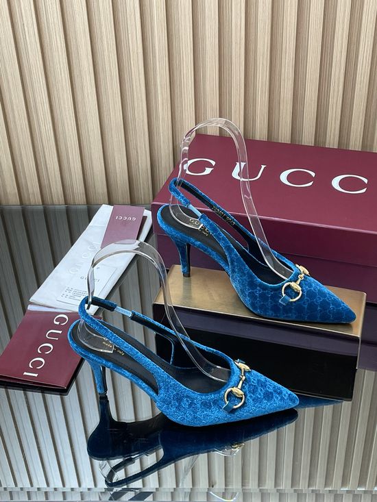 Gucci Velvet Slingback Stiletto Pumps with Decorative Metal Buckle