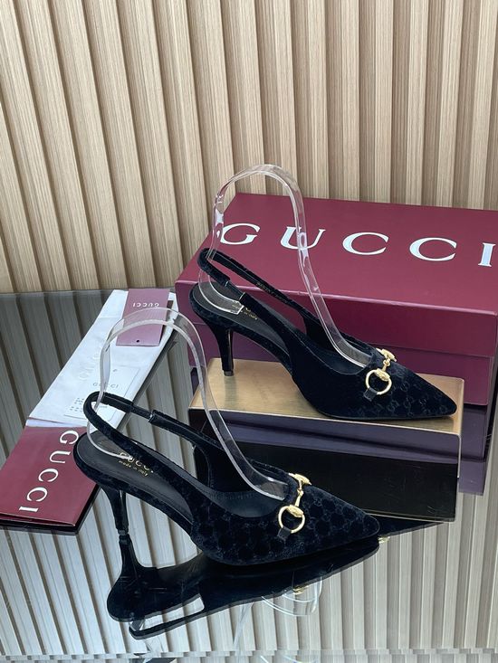 Gucci Velvet Slingback Stiletto Pumps with Decorative Metal Buckle