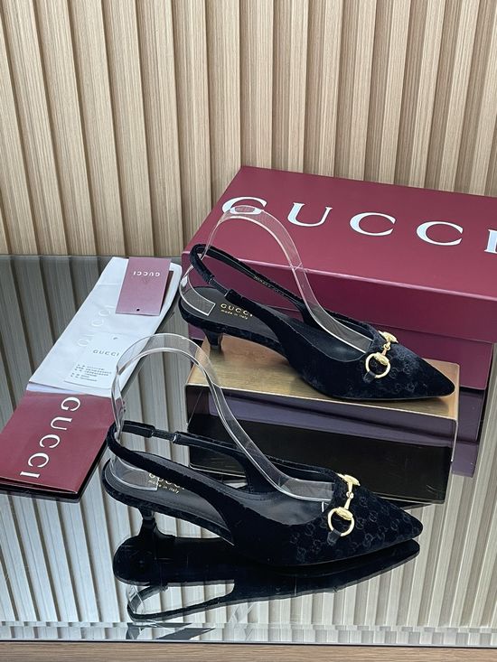 Gucci Velvet Slingback Stiletto Pumps with Decorative Metal Buckle