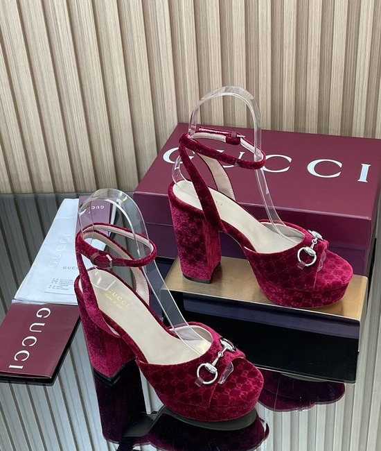 Gucci Velvet Platform Sandals with Classic Metal Buckle Decor