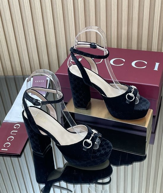 Gucci Velvet Platform Sandals with Classic Metal Buckle Decor