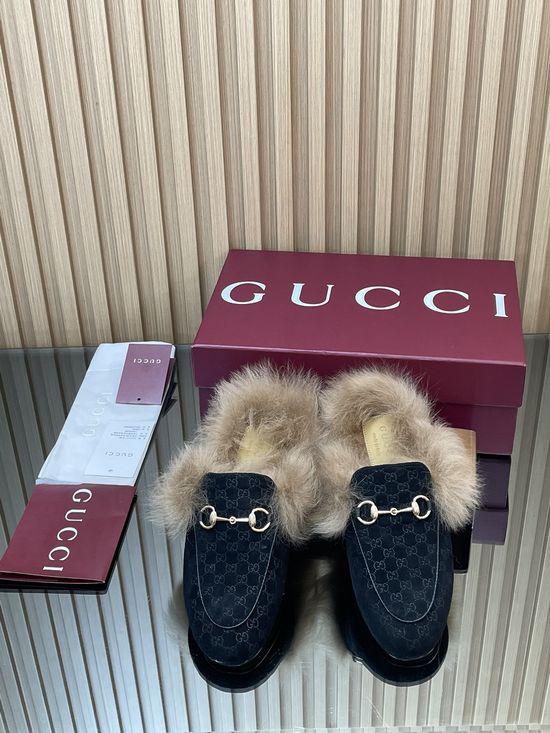 Gucci Embossed Suede Fur Lined Loafer Mules with Horsebit