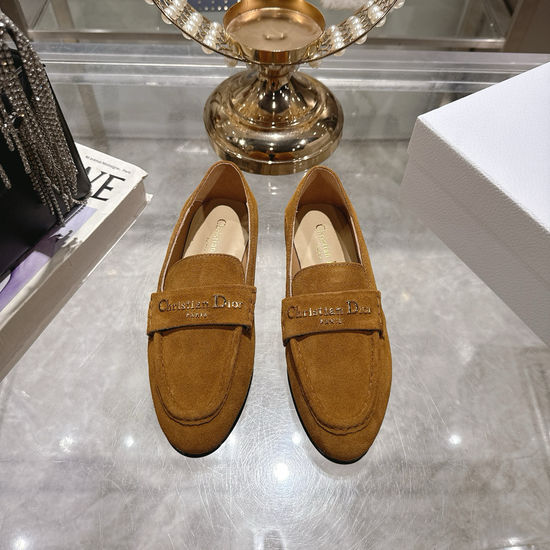Christian Dior Leather Loafers with Metal Logo Decor Flat Shoes