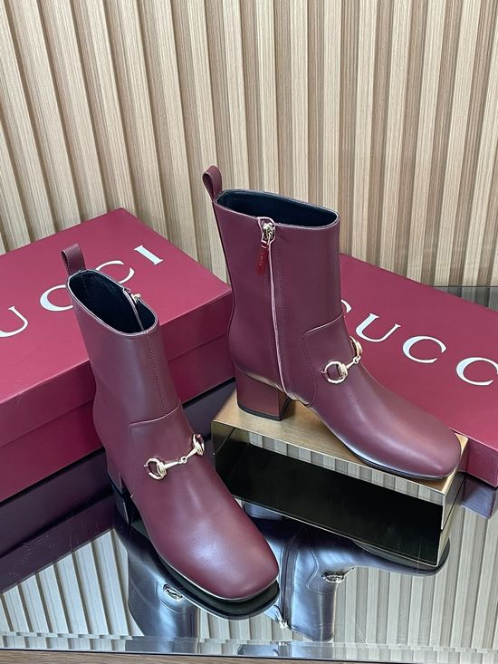 Gucci Horsebit Decor Leather Ankle Boots Square Toe Block Heel