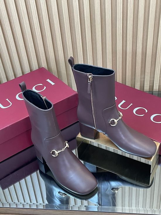 Gucci Horsebit Decor Leather Ankle Boots Square Toe Block Heel